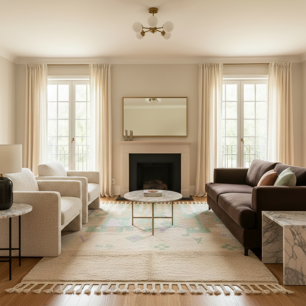 Calm living room styled with a soft, tonal wool rug