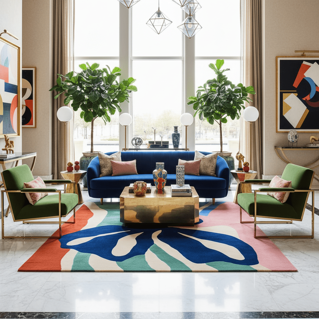 Christmas Rug in a large living room with christmas tree and read ugly sweater rug