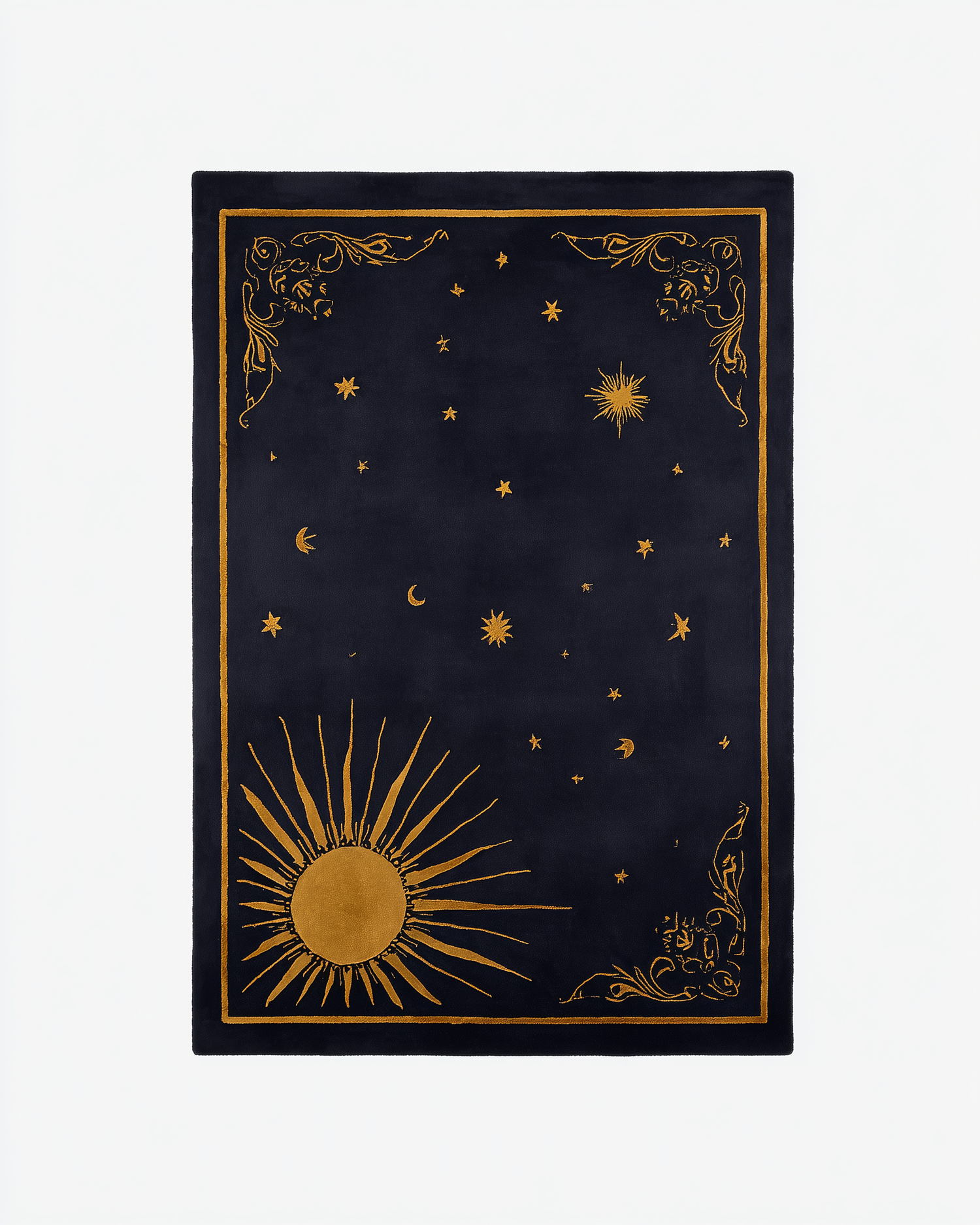 Decorative black rug with gold celestial designs on a white background