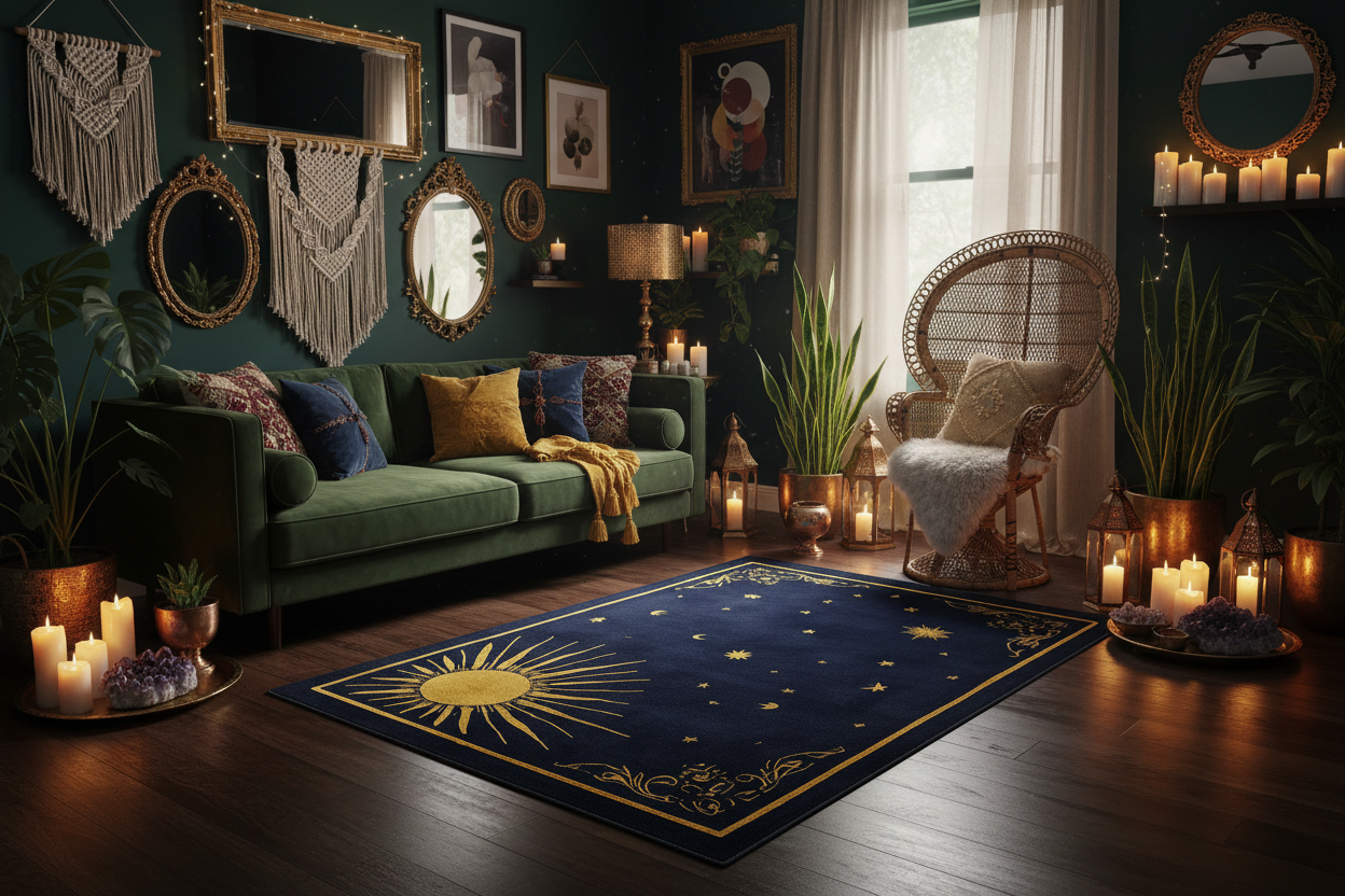 Cozy living room with green sofa, decorative mirrors, candles, and a star-patterned rug.