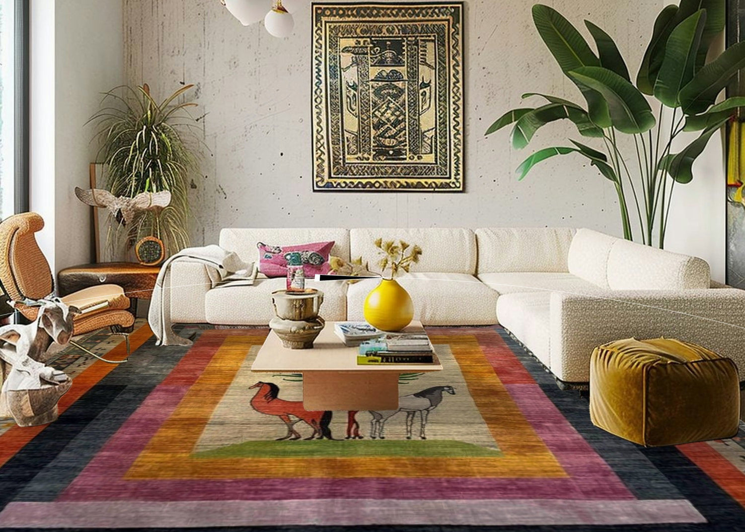 Modern living room with a colorful rug, white sofa, and decorative elements. Horse_and_Hues_Wool_Hand_Knott_
