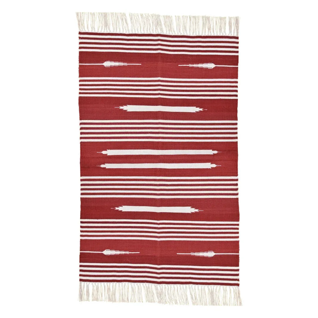 Handwoven Red and White Patterned Cotton Rug with Fringes
