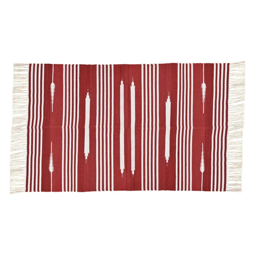 Handwoven Red and White Patterned Cotton Rug with Fringes