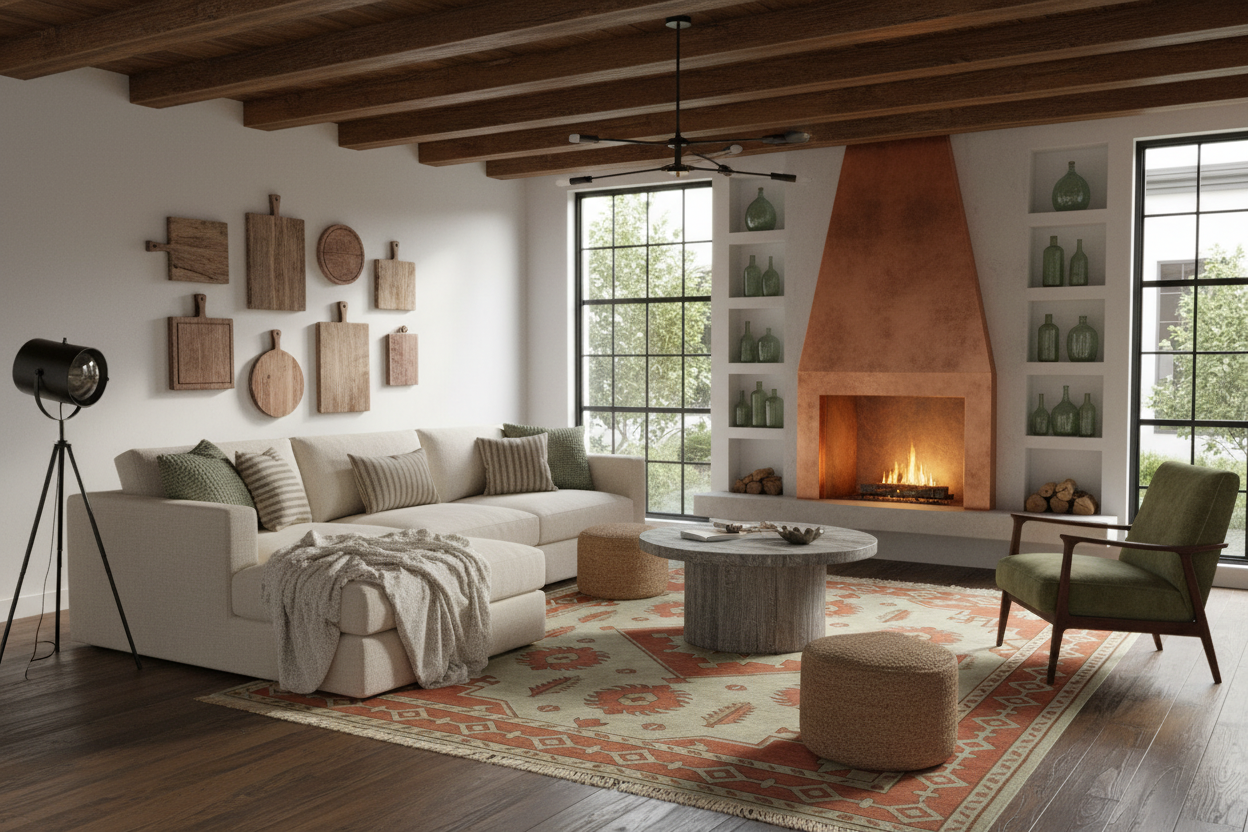 Modern living room with a fireplace, tribal orange rug, sofa, and decorative elements.