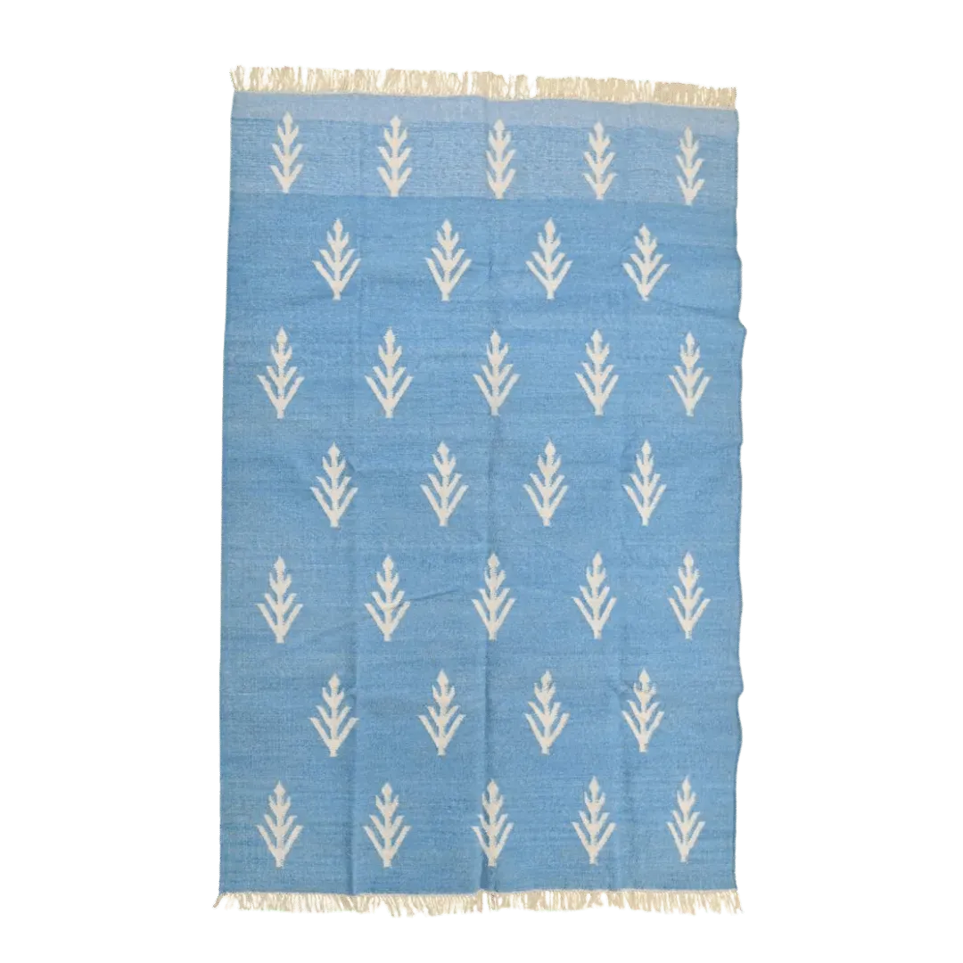 Handwoven White Floral Blue Cotton Rug with Fringes