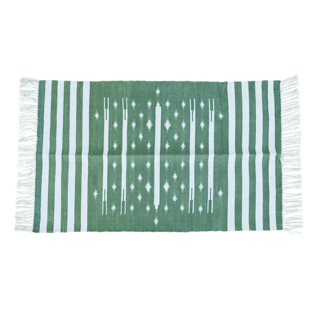 Handwoven Green and White Stripe Traditional Cotton Rug with Fringes
