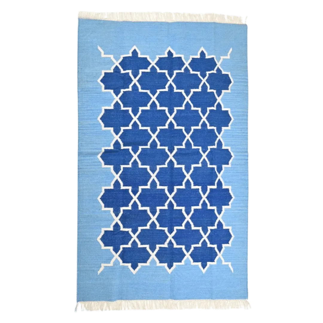 Handwoven Moroccan Blue Tiles Cotton Rug with Fringes