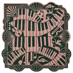 Decorative design rug with musical keyboard and instruments on a white background