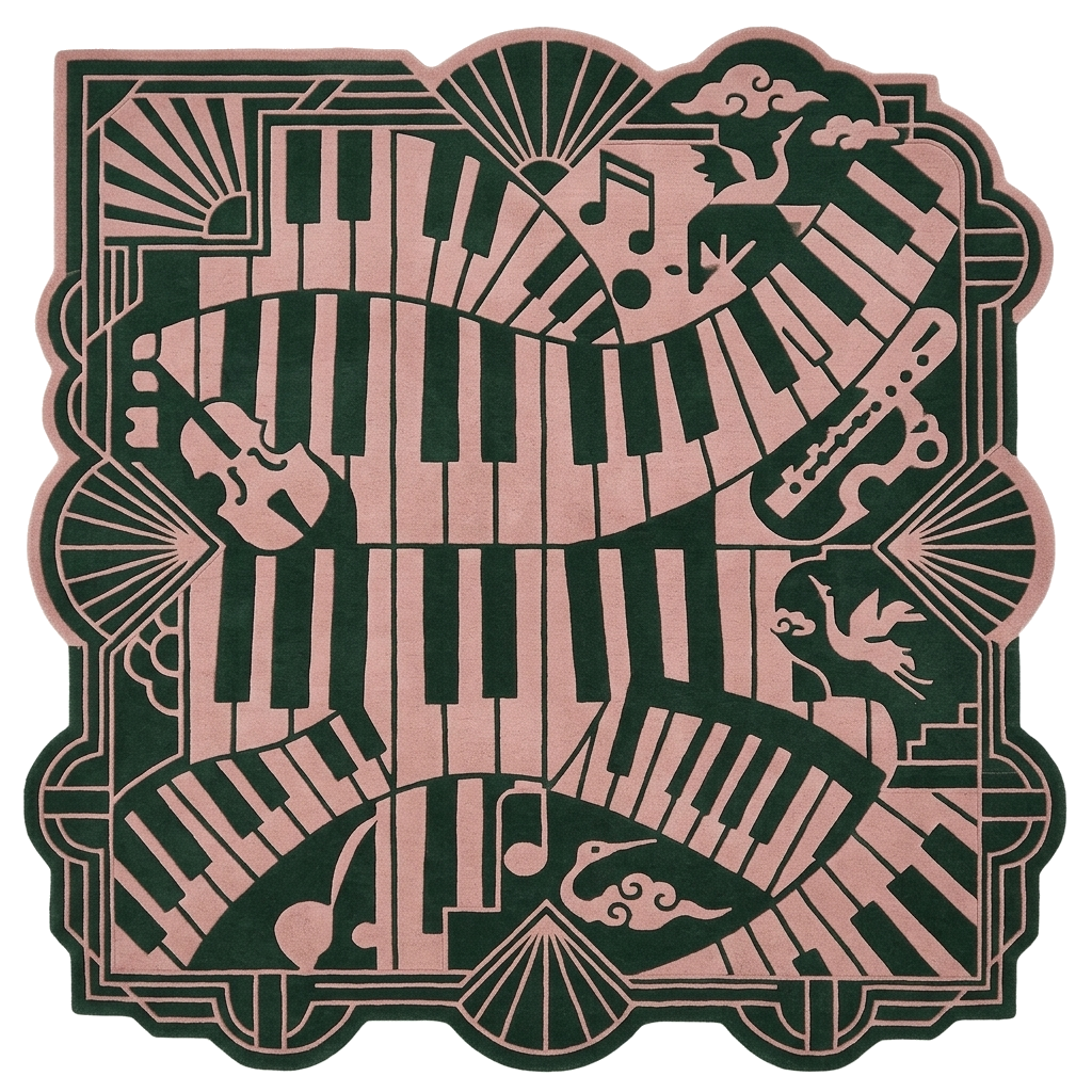 Decorative design rug with musical keyboard and instruments on a white background