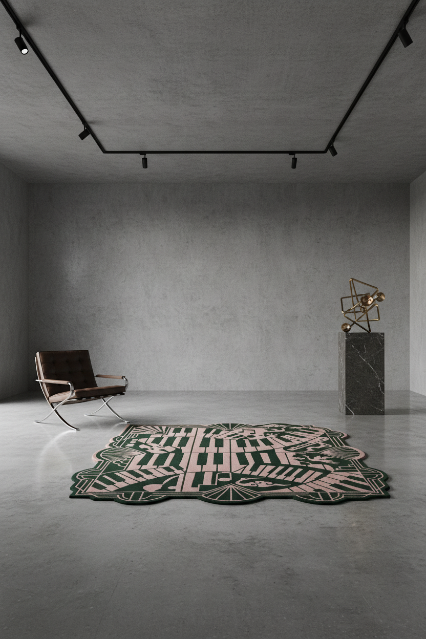 Modern room with a patterned rug, chair, and sculpture on a concrete floor.