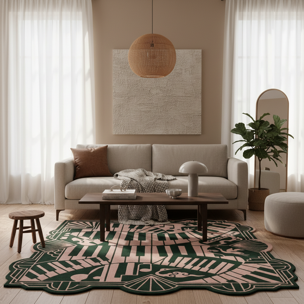 A styled living room scene featuring a large area rug with a dark green and dusty pink geometric pattern, placed under a wooden coffee table in front of a light gray sofa.