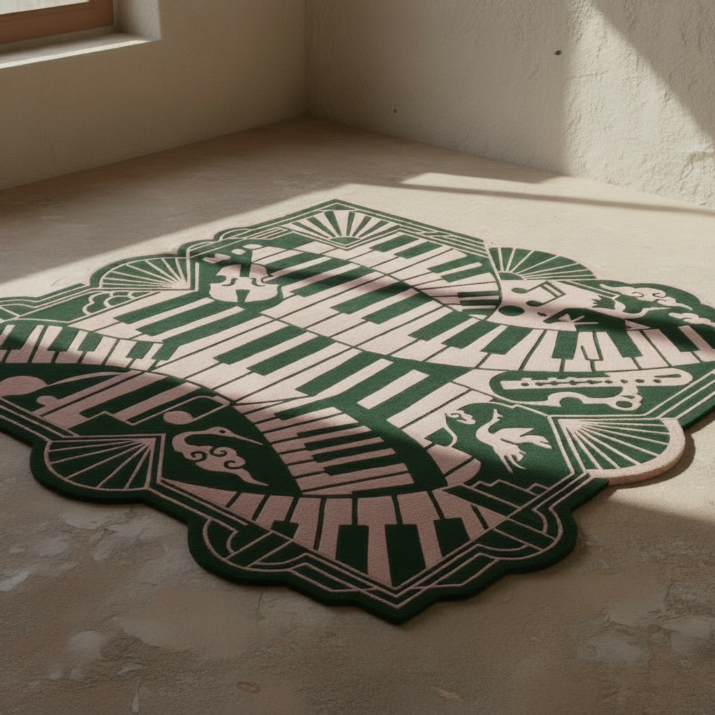Decorative rug with geometric and piano pattern on a concrete floor