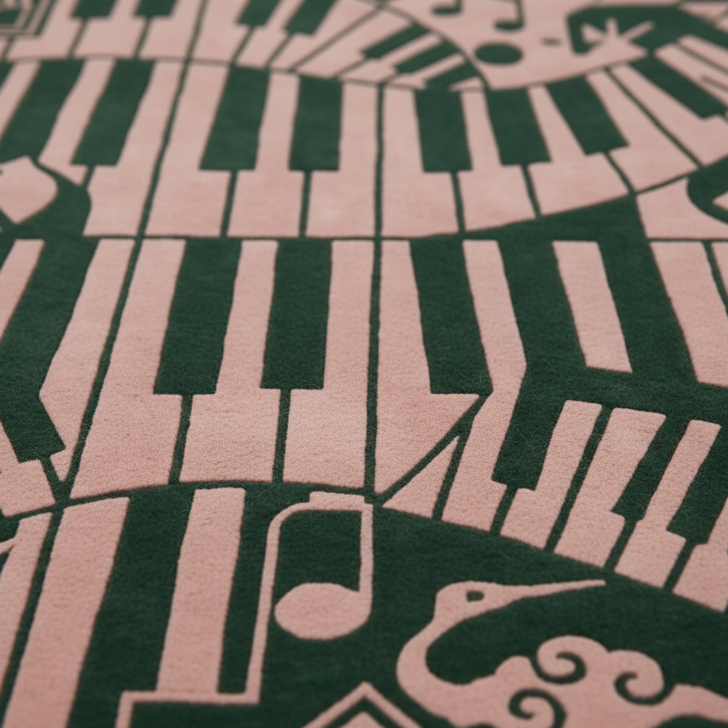 A close-up of a plush area rug featuring a piano-key and musical note pattern in dark green and dusty pink.