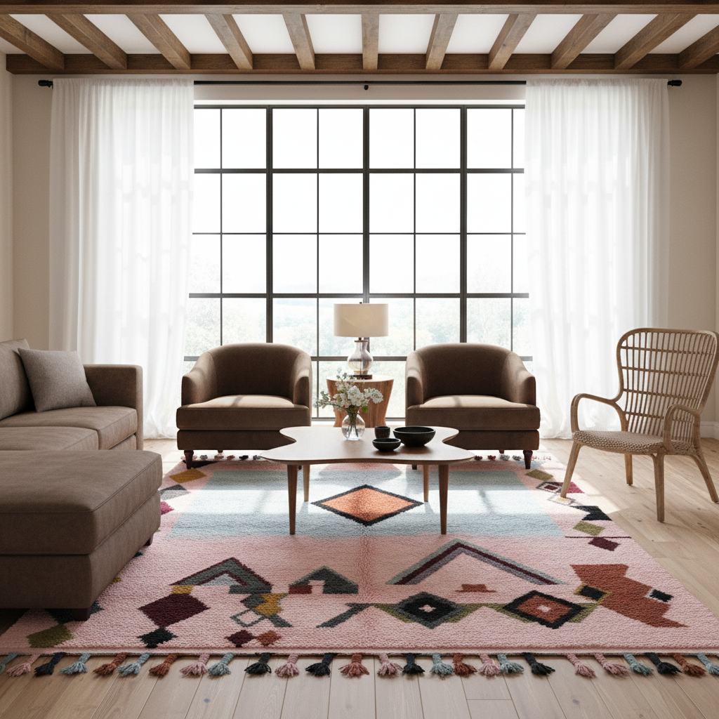 A styled living room interior with a large pink geometric area rug on a light wood floor, two brown armchairs, a white woven accent chair, a low round coffee table, and a large multi-pane window with sheer white curtains.