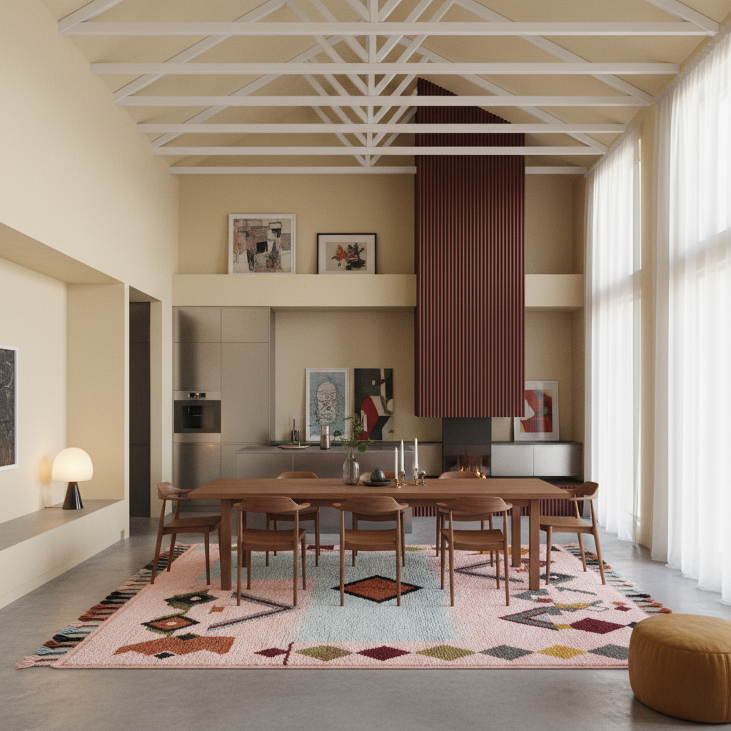 A modern dining room with a long wooden dining table and chairs on a colorful geometric area rug, set in a high-ceilinged room with white beams, large windows with sheer curtains, and a kitchen in the background.