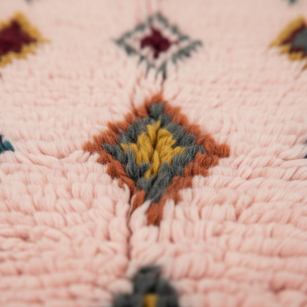 Close-up of a textured pink woven rug with a central diamond motif in mustard yellow, gray, and rust brown.