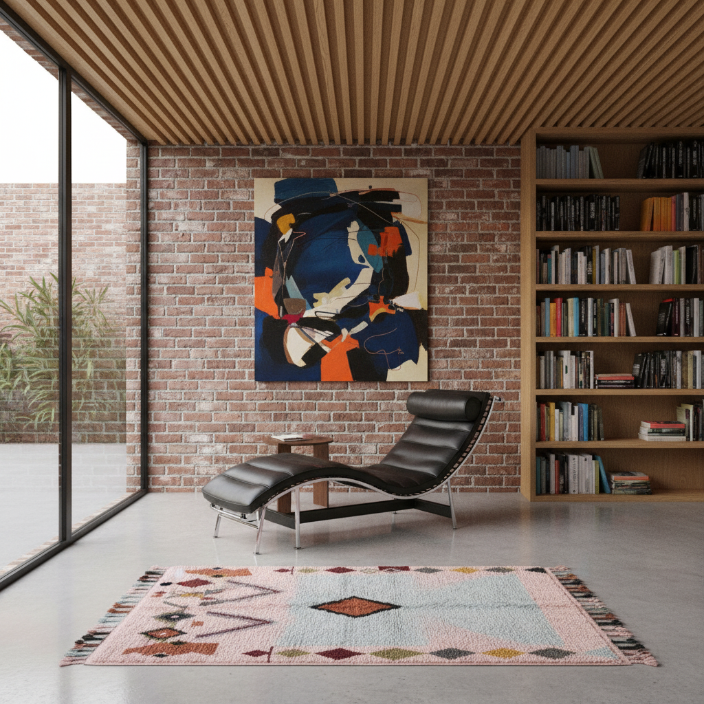 A modern living room scene with a black leather chaise lounge in front of a brick wall beneath an abstract painting. A pink patterned area rug is on the floor, with a tall wooden bookshelf to the right and large windows on the left.