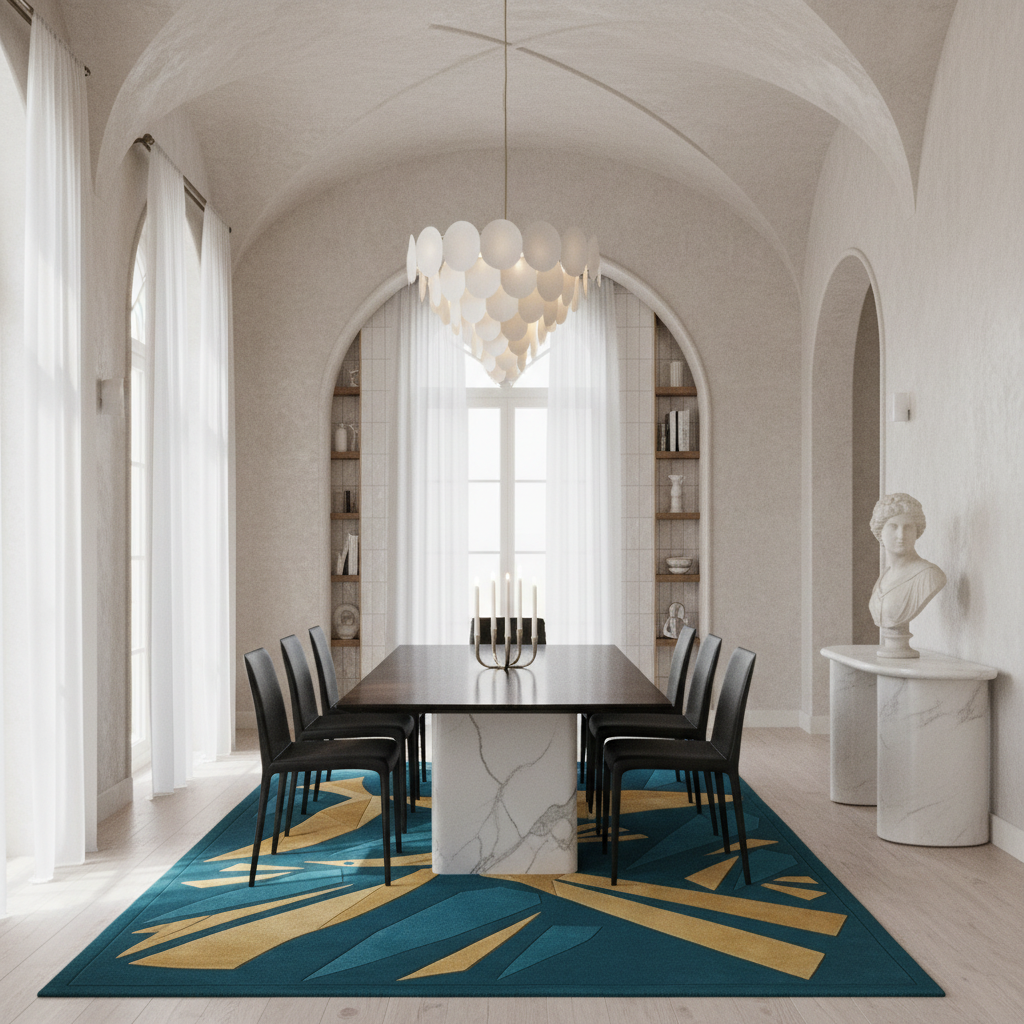 A modern dining room with a rectangular black table on a large geometric area rug in teal and mustard yellow. The room features arched windows with white sheer curtains, a white honeycomb pendant chandelier, and a white marble bust on a marble console table.
