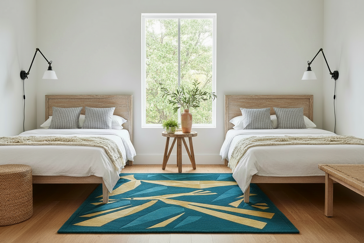 Modern bedroom with two beds, a rug, and decor elements.