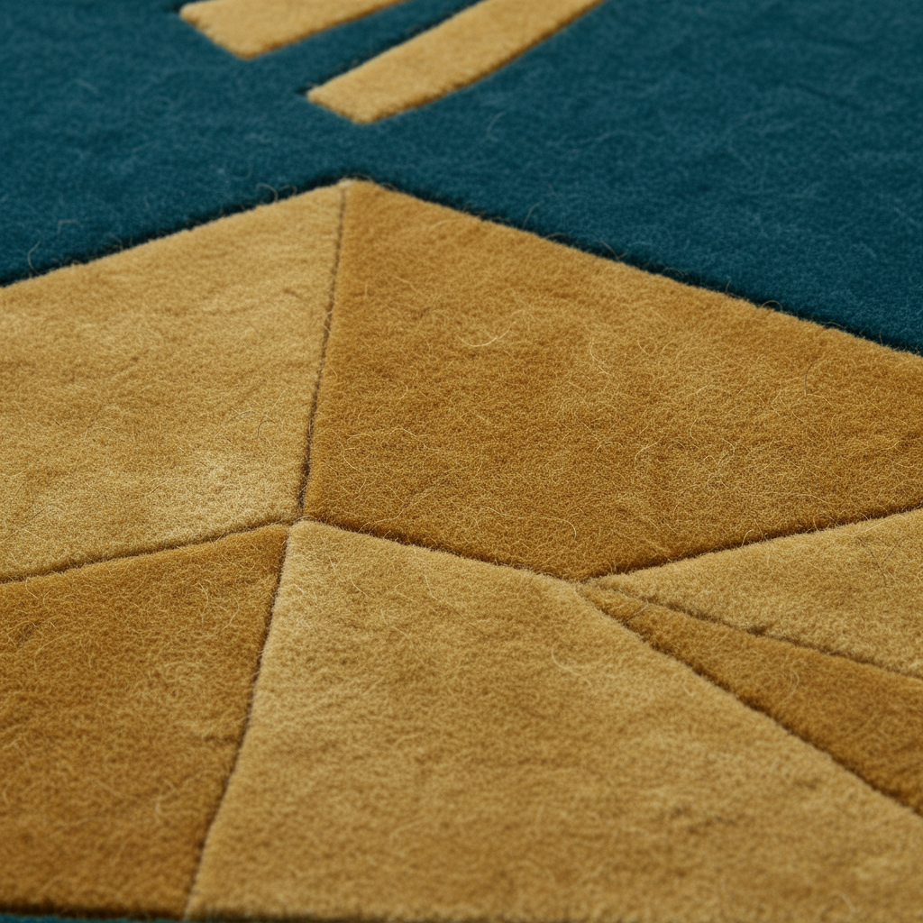 Close-up of a textured area rug with a geometric pattern, featuring mustard yellow triangular sections and a dark teal blue background.