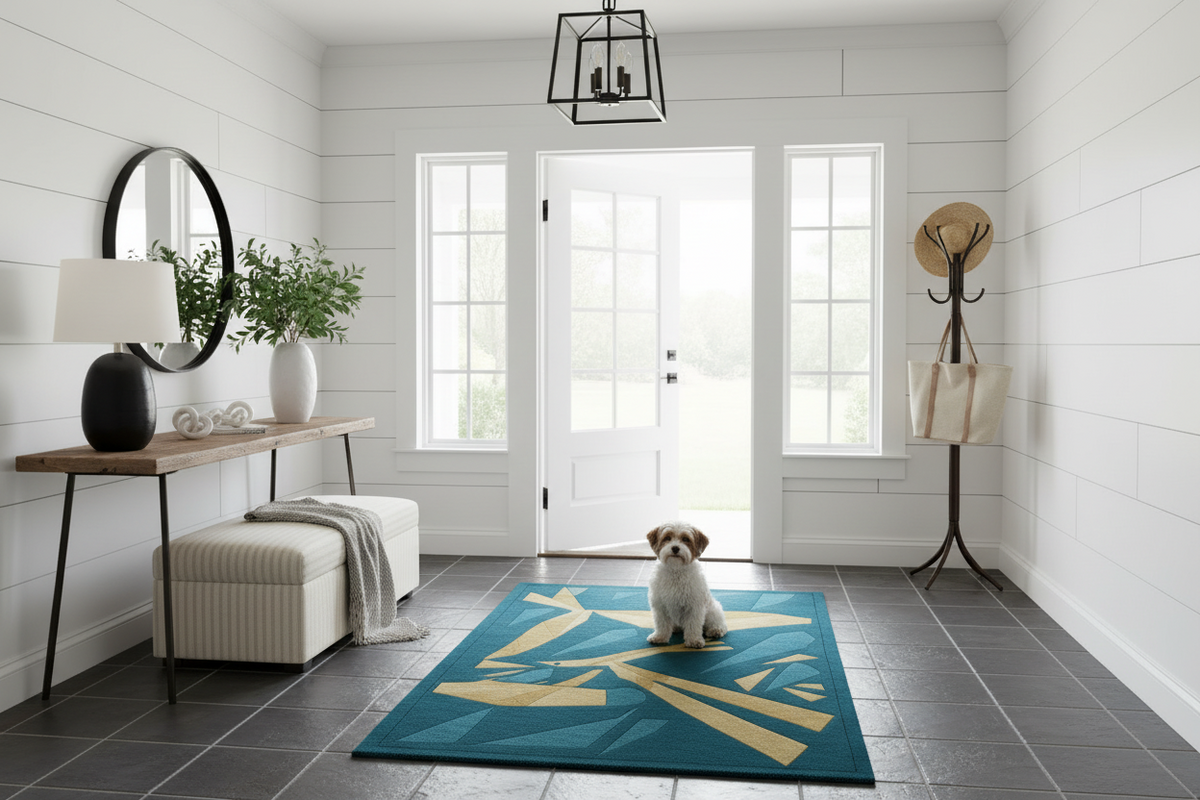Dog sitting on a blue rug in a modern living room with white walls and a wooden floor.
