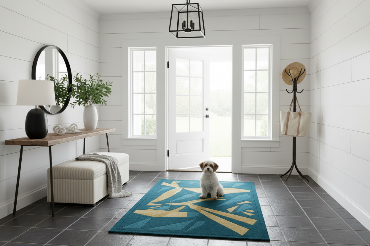 Dog sitting on a blue rug in a modern living room with white walls and a wooden floor.