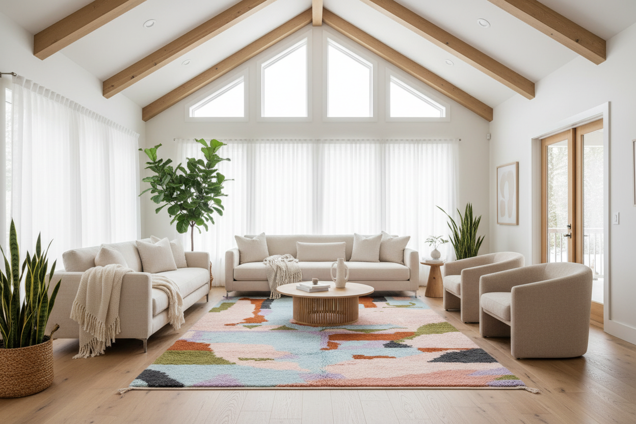 A bright, modern living room with a large abstract area rug as the focal point, surrounded by a beige sofa, two armchairs, a round wooden coffee table, and potted plants under a high ceiling with exposed wood beams.