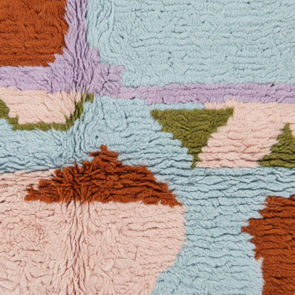 A close-up of a textured, looped pile fabric with a geometric patchwork pattern in light blue, pale pink, lavender, rust orange, olive green, and cream.