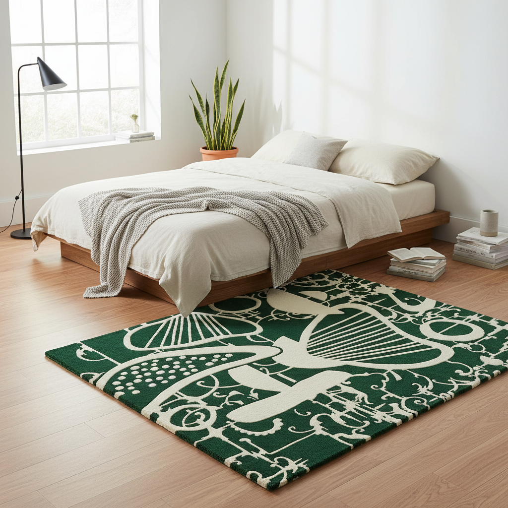 A green area rug with a cream botanical and abstract pattern is styled on a light wood floor in a bright, modern bedroom setting with a bed, lamp, and plant.