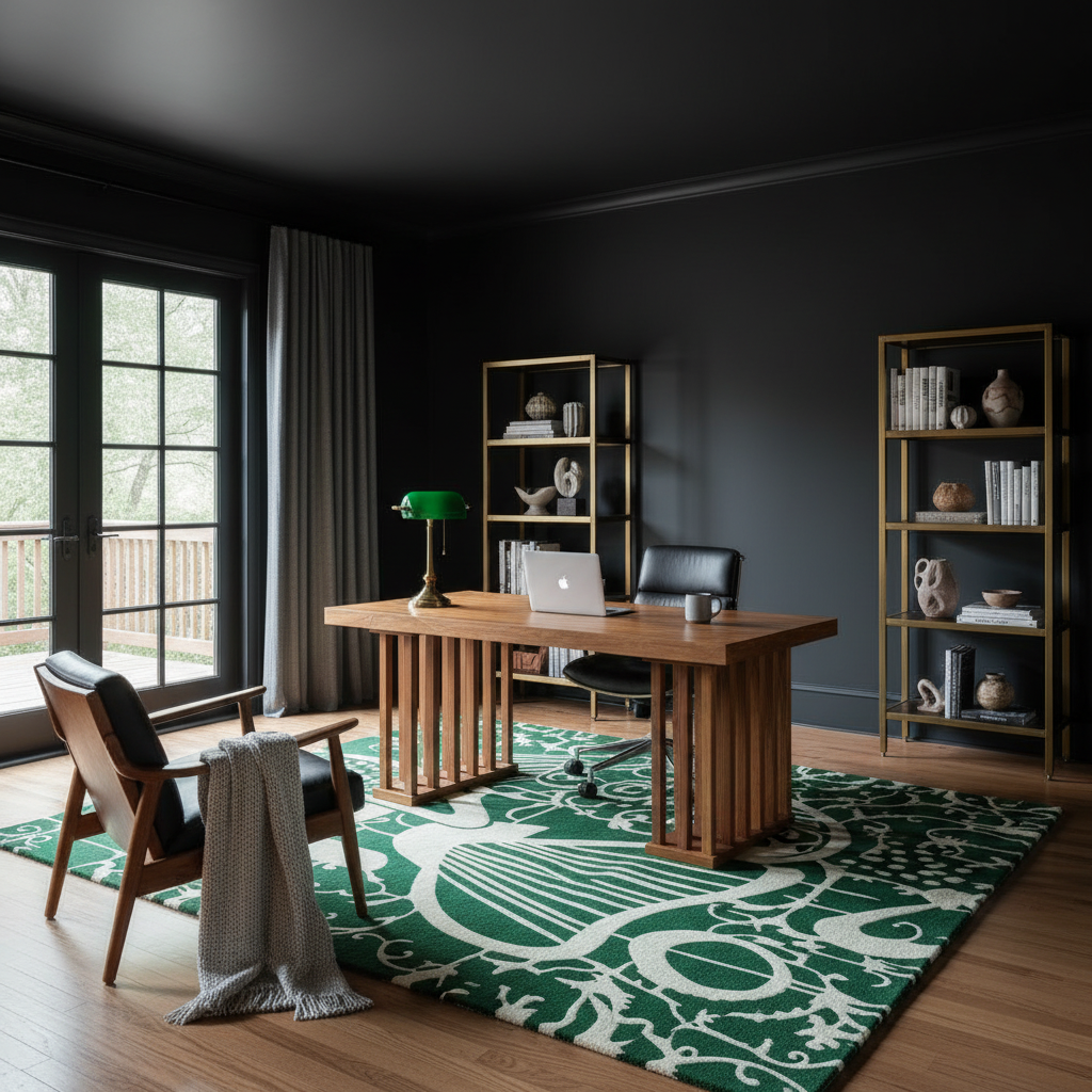 Modern home office with wooden desk, chairs, green contemporary rug, and bookshelves against a dark wall.