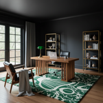 Modern home office with wooden desk, chairs, green contemporary rug, and bookshelves against a dark wall.