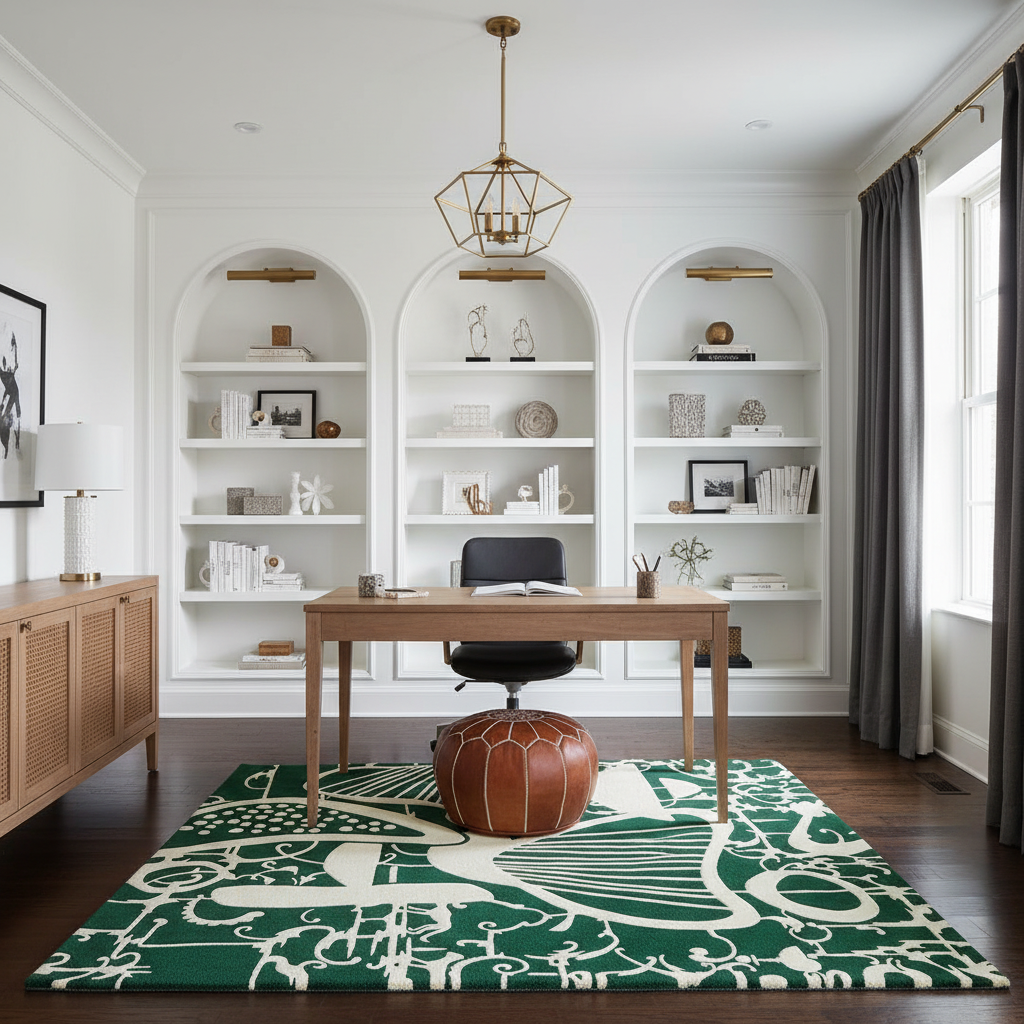 A styled home office interior featuring a large green and cream patterned area rug under a wooden desk and black office chair. The room has white walls with built-in arched bookshelves, a gold geometric pendant light, and dark gray curtains.