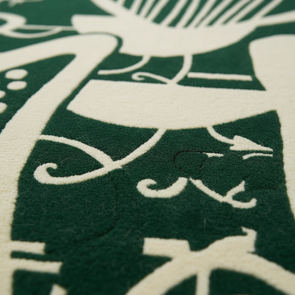 Close-up of a dark green and off-white patterned textile, showing a raised decorative motif with a small black stitched accent.