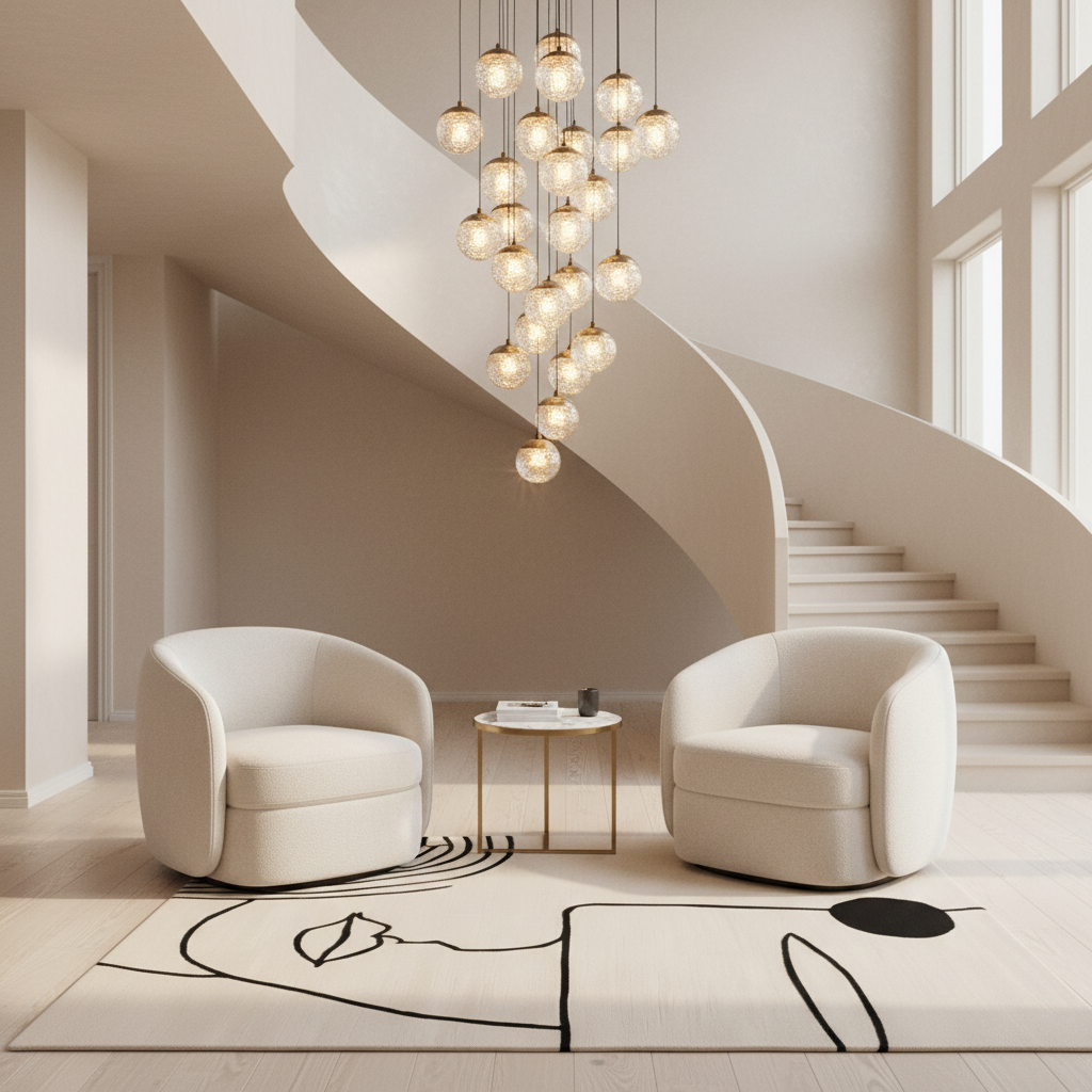 A modern interior scene with two cream upholstered armchairs facing a small round side table, set on a light rug in front of a sweeping staircase and a cluster of hanging glass globe chandeliers.