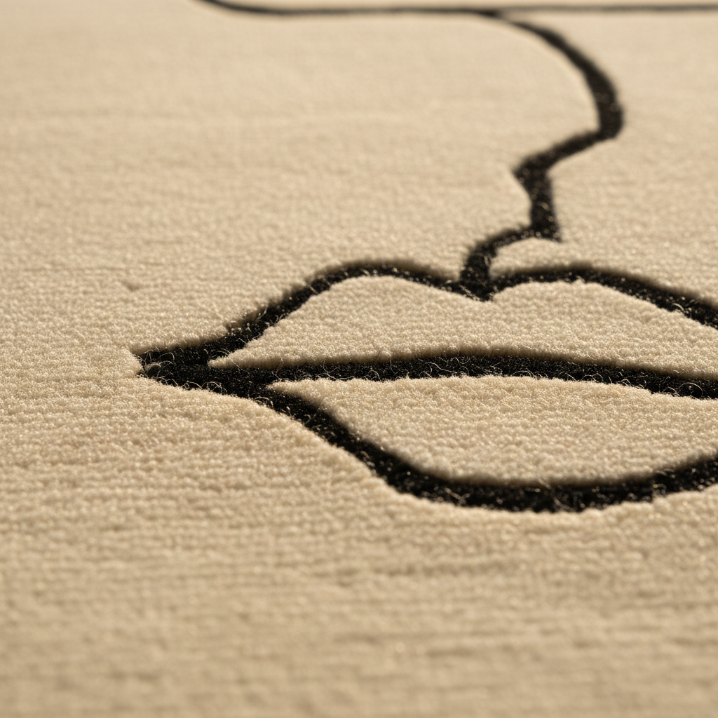 Close-up of a beige textured surface with a black embroidered line drawing of lips and part of a face.