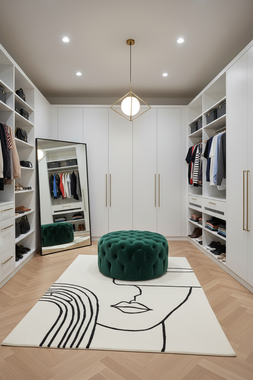 Modern walk-in closet with white wardrobes, abstract face rug, green ottoman, and patterned rug.