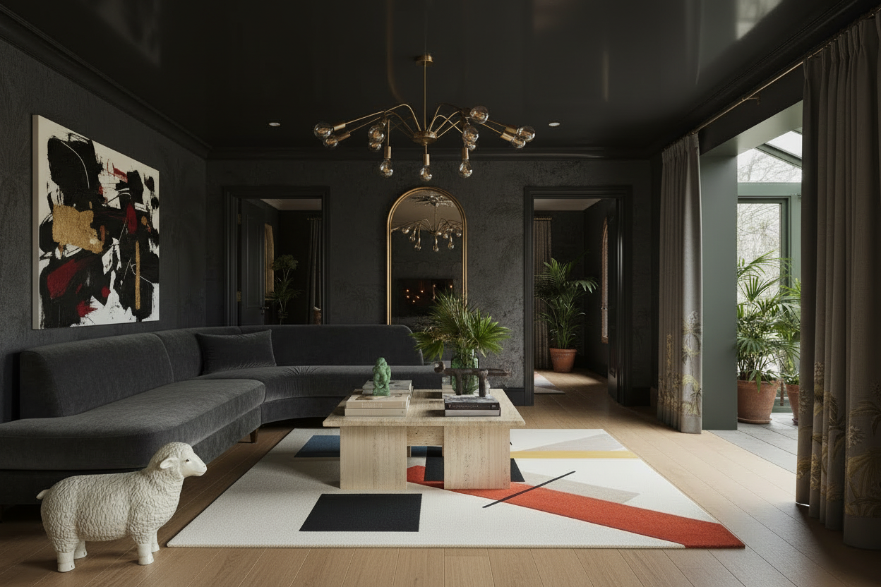 Modern living room with a gray sofa, abstract art, and decorative rug.