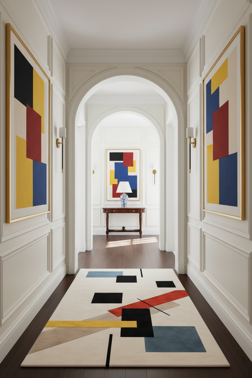 Modern hallway with abstract art on walls and a geometric rug.