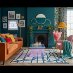 Modern living room with orange sofa, colorful rug, and decorative elements.