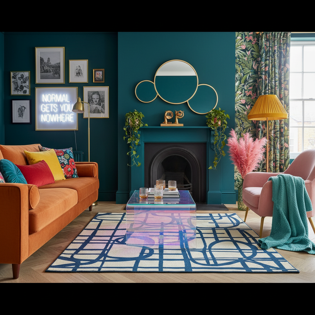 Modern living room with orange sofa, colorful rug, and decorative elements.