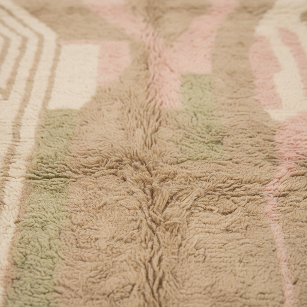 Close-up of a soft, textured area rug with a geometric pattern in beige, dusty pink, and sage green.