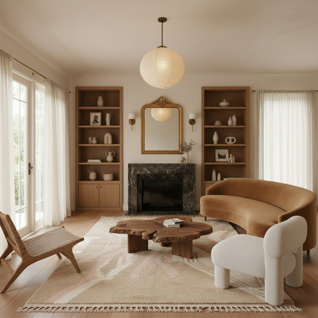Modern living room with wooden coffee table, beige rug, brown sofa, and bookshelves.