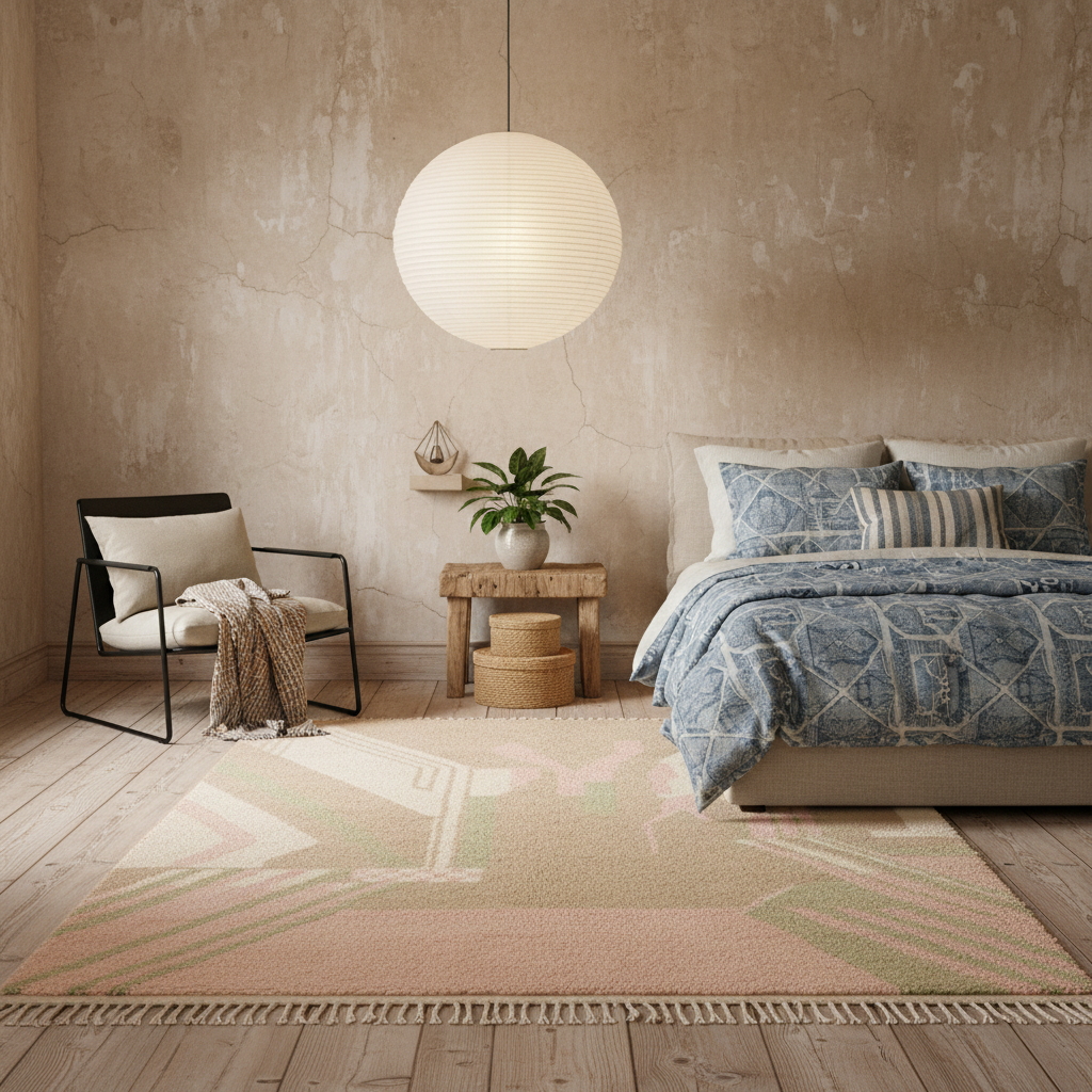 A styled bedroom scene featuring a large geometric area rug in blush pink, sage green, and cream tones with fringe, laid out on a light wood floor. The room includes a bed with blue patterned bedding, a black-framed armchair with a cream cushion and throw blanket, a small wooden side table with a potted plant, and a large white spherical pendant light hanging from the ceiling.