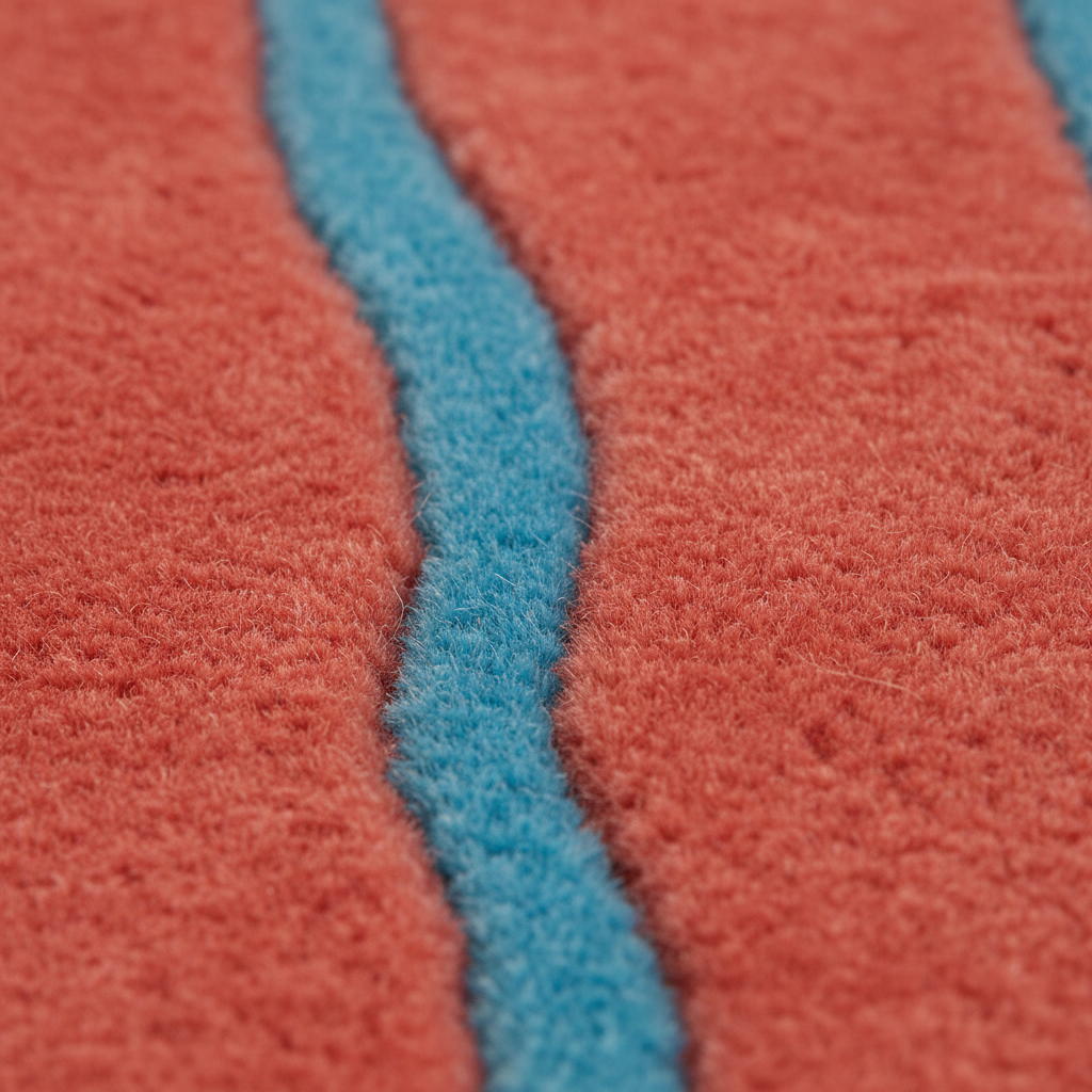 Close-up of a textured rug or fabric with a coral-red field and a wavy vertical blue stripe running through the center.