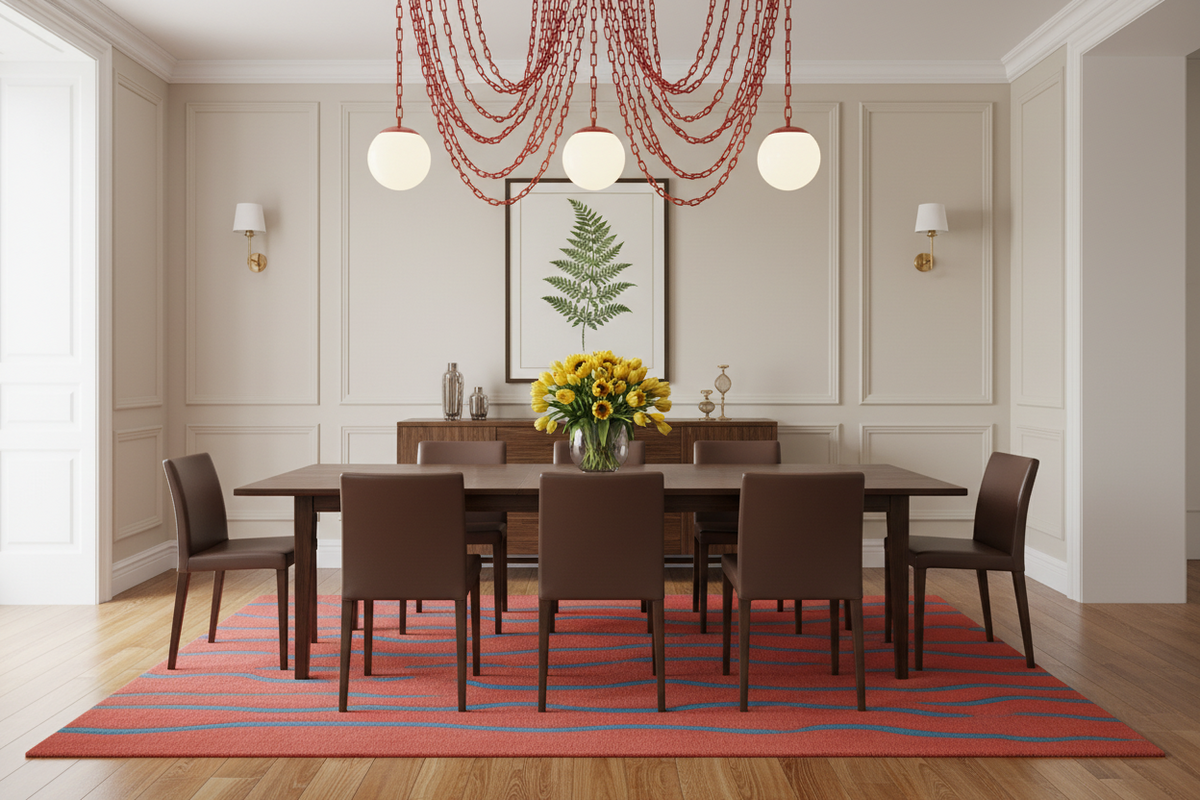 A staged dining room scene with a dark wood rectangular table, six brown upholstered chairs, a red-and-blue striped area rug, wall sconces, a chandelier with red bead strands, and a floral centerpiece against cream paneled walls.