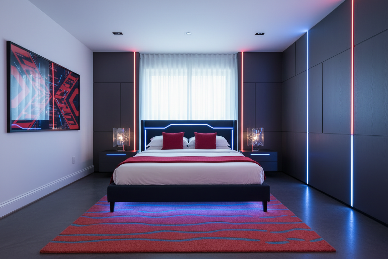 Modern bedroom with a bed, nightstands, and abstract  rug, art on a wall.