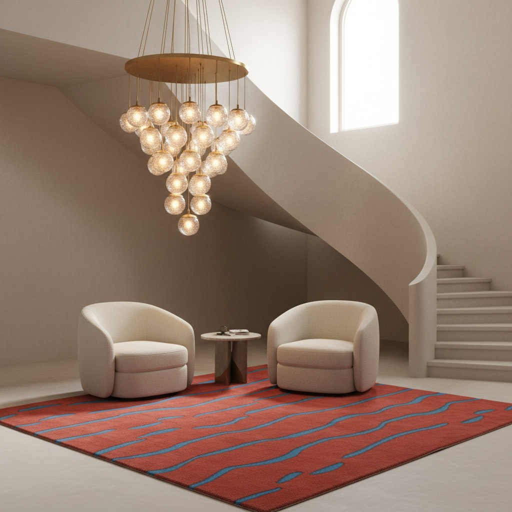A modern interior scene with a large cluster chandelier hanging above two cream armchairs and a red patterned area rug in a staircase-lit room.