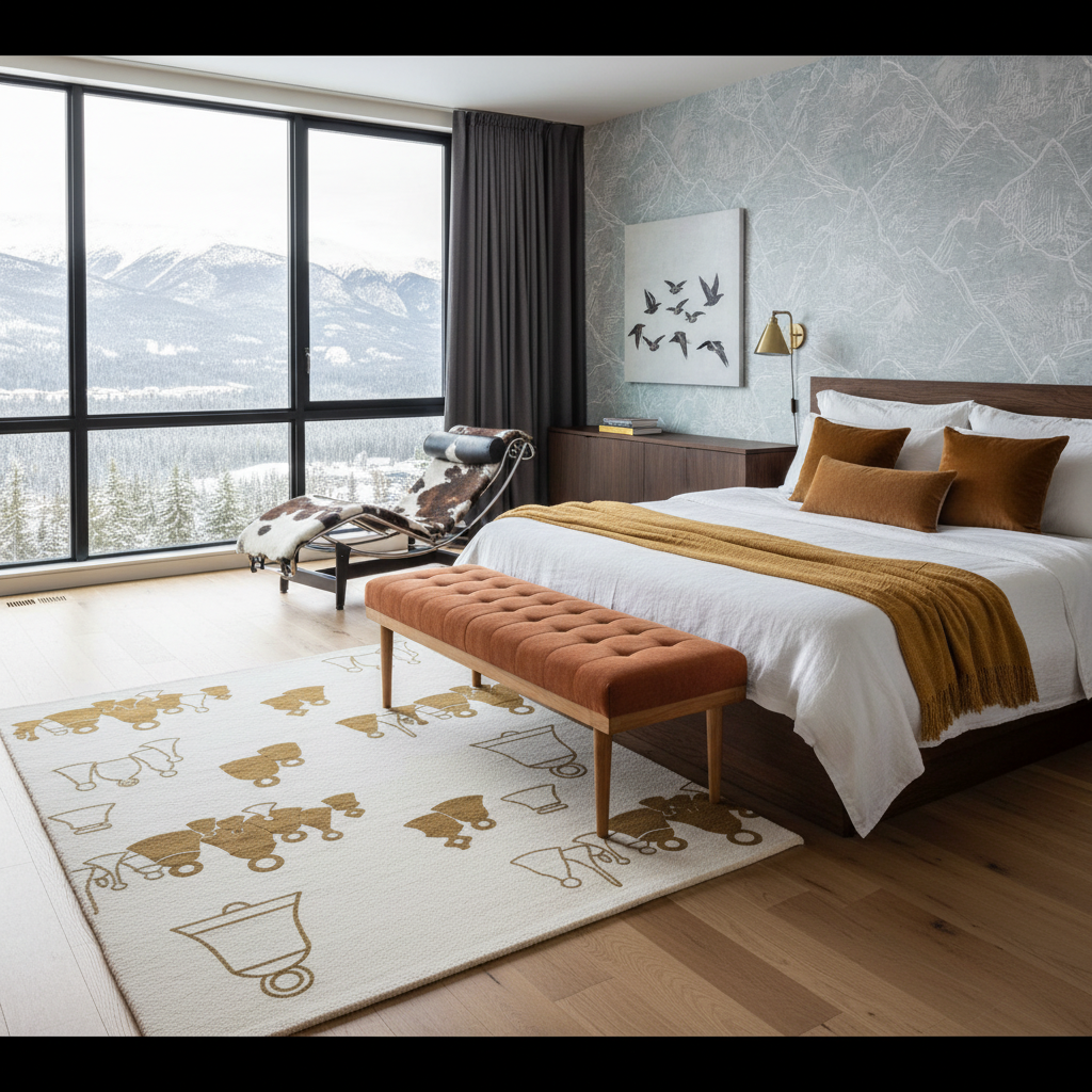 Modern bedroom with a large window view, bed, bench, and decorative bell rug.