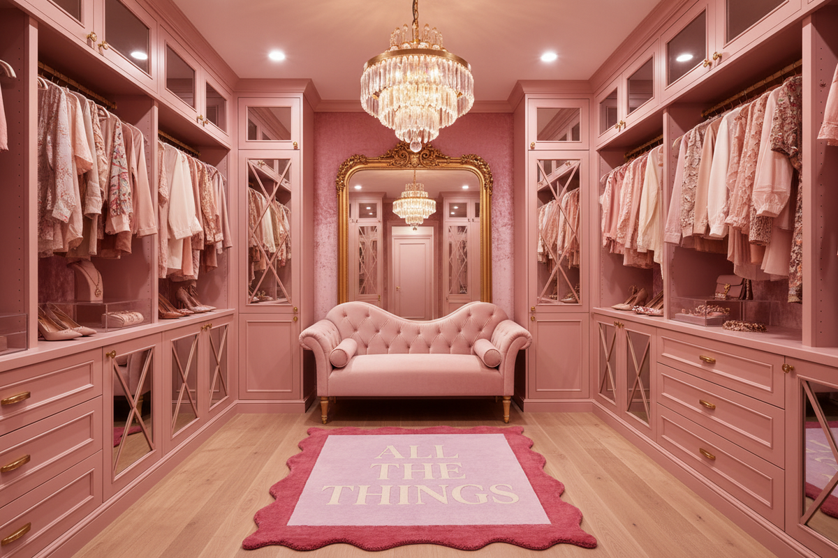 Pink walk-in closet with a sofa, mirror, and decorative scallop rug.
