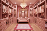 Pink walk-in closet with a sofa, mirror, and decorative scallop rug.
